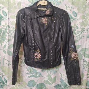 Hippie Laundry Black Faux Leather Jacket with Floral Embroidery